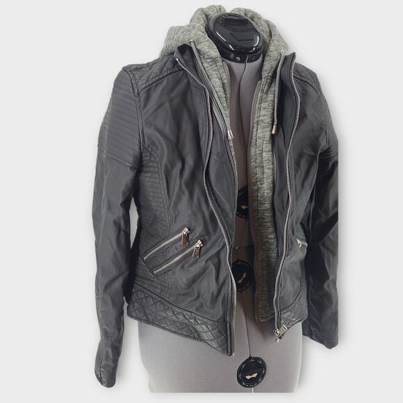 YMI jacket Women's L Gray Moto Zippered Pockets Hooded Full-Zip Cropped Biker - Picture 2 of 6